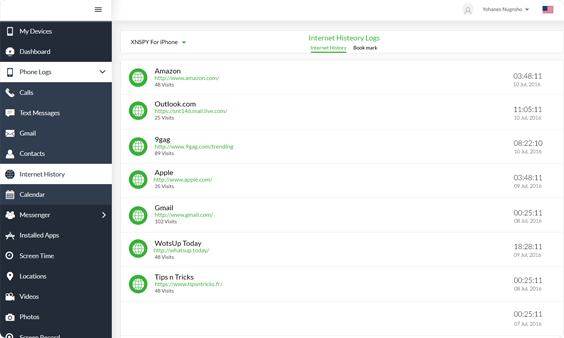 Dashboard Xnspy per il monitoraggio della cronologia di Internet